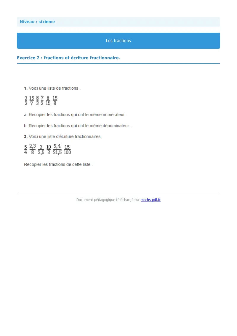 Fractions : exercice n°2 de maths en 6ème corrigé en PDF