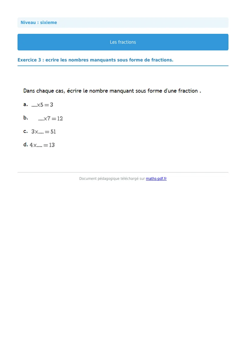 Fractions : exercice n°3 de maths en 6ème corrigé en PDF