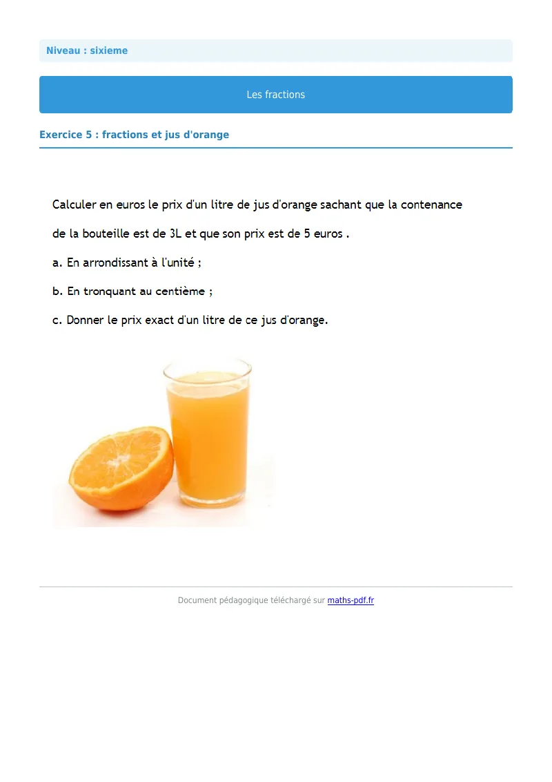 Fractions : exercice n°5 de maths en 6ème corrigé en PDF