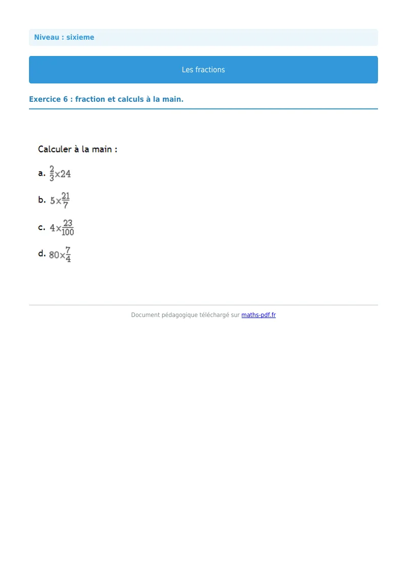 Fractions : exercice n°6 de maths en 6ème corrigé en PDF