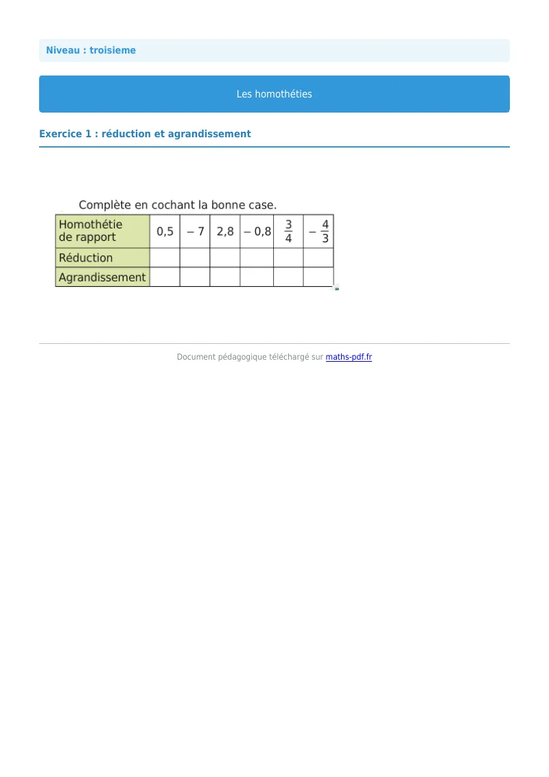 Homothéties : exercice n°1 de maths en 3ème corrigé en PDF