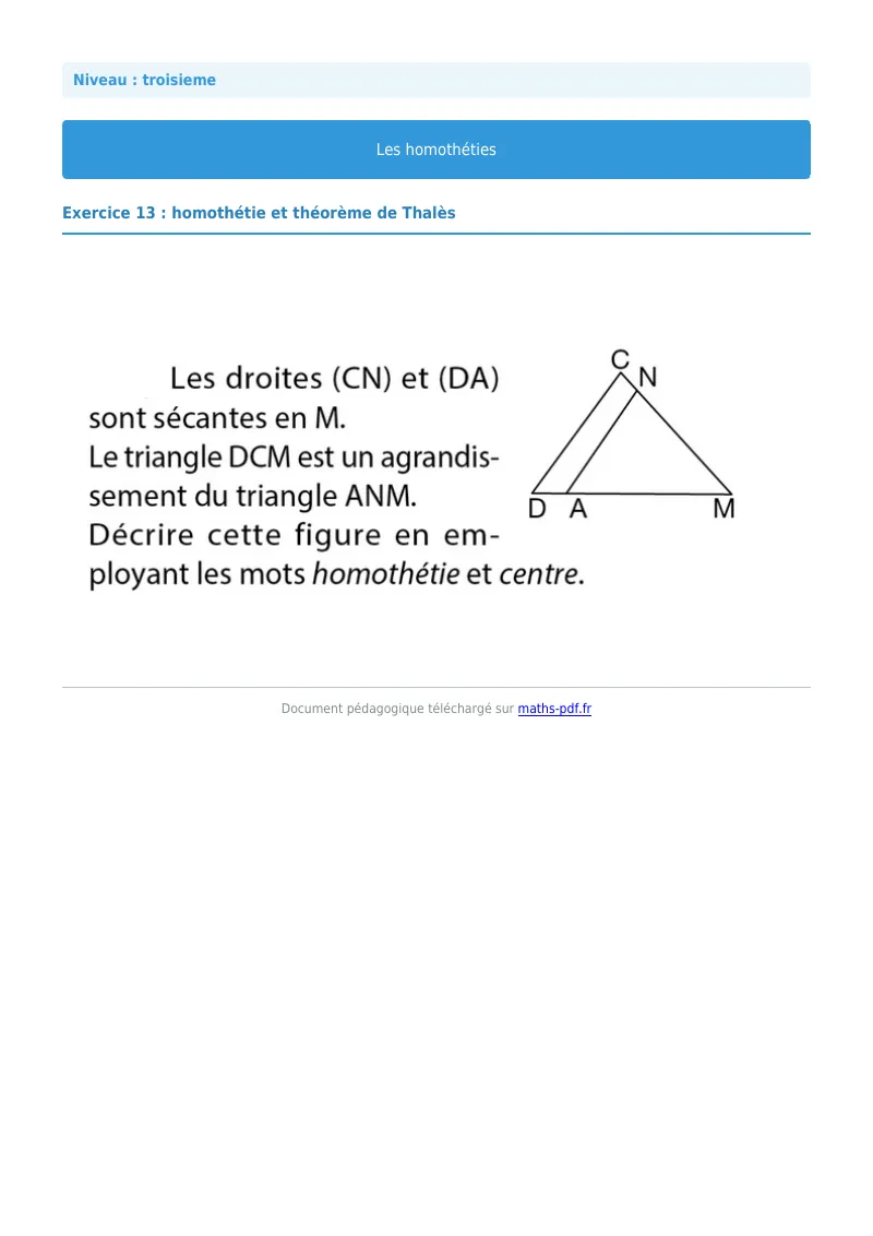 Homothéties : exercice n°13 de maths en 3ème corrigé en PDF