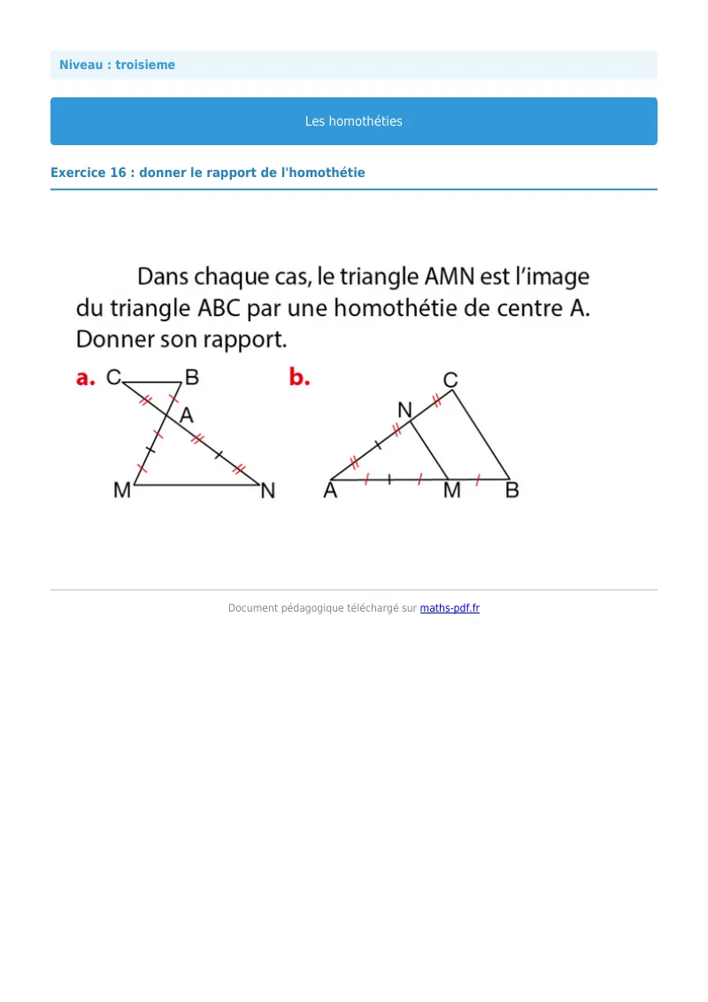 Homothéties : exercice n°16 de maths en 3ème corrigé en PDF