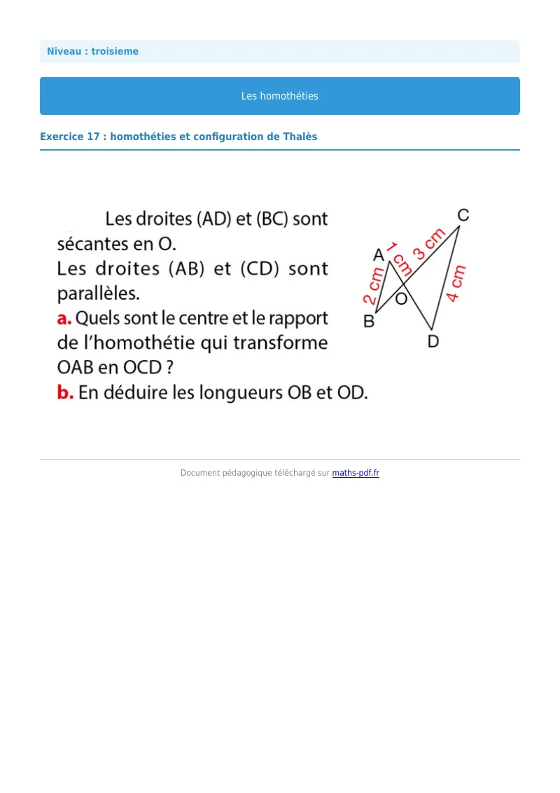 Homothéties : exercice n°17 de maths en 3ème corrigé en PDF