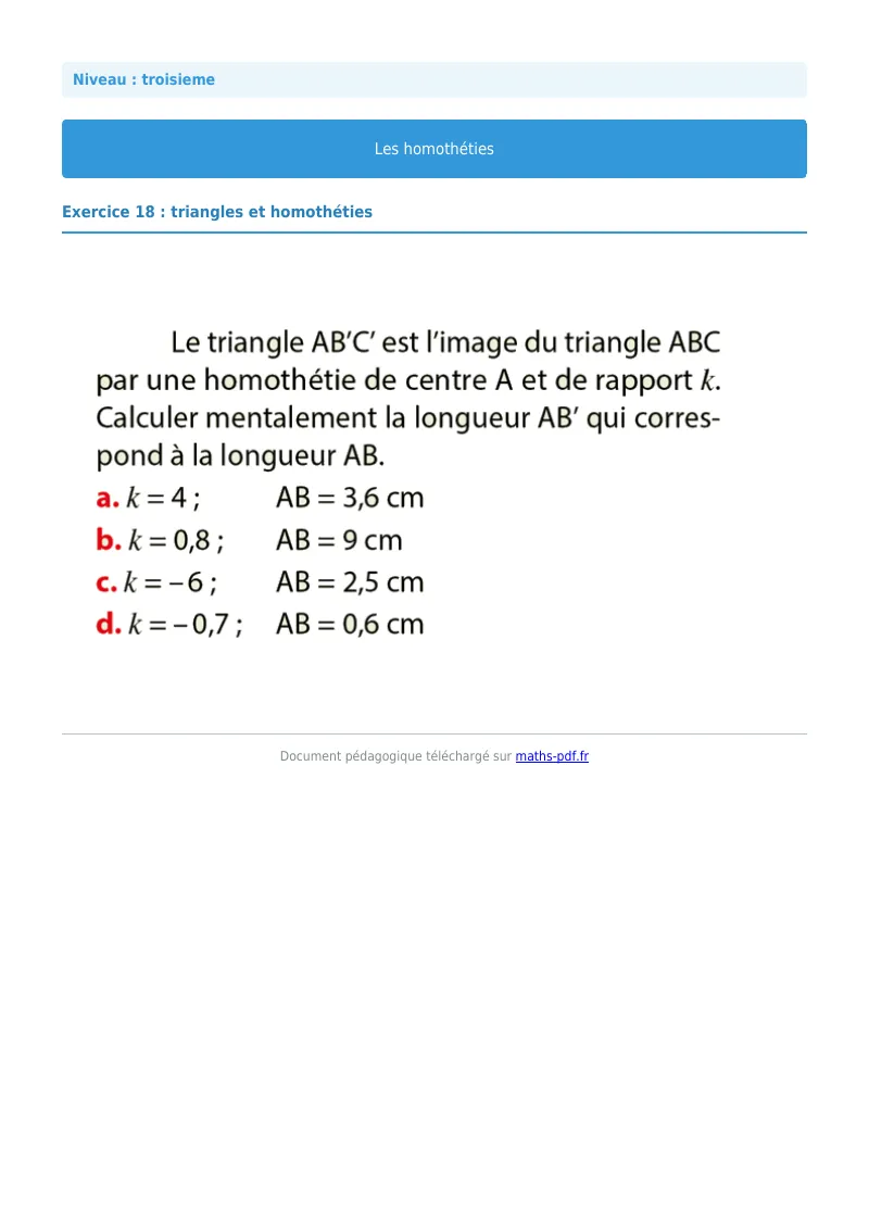 Homothéties : exercice n°18 de maths en 3ème corrigé en PDF
