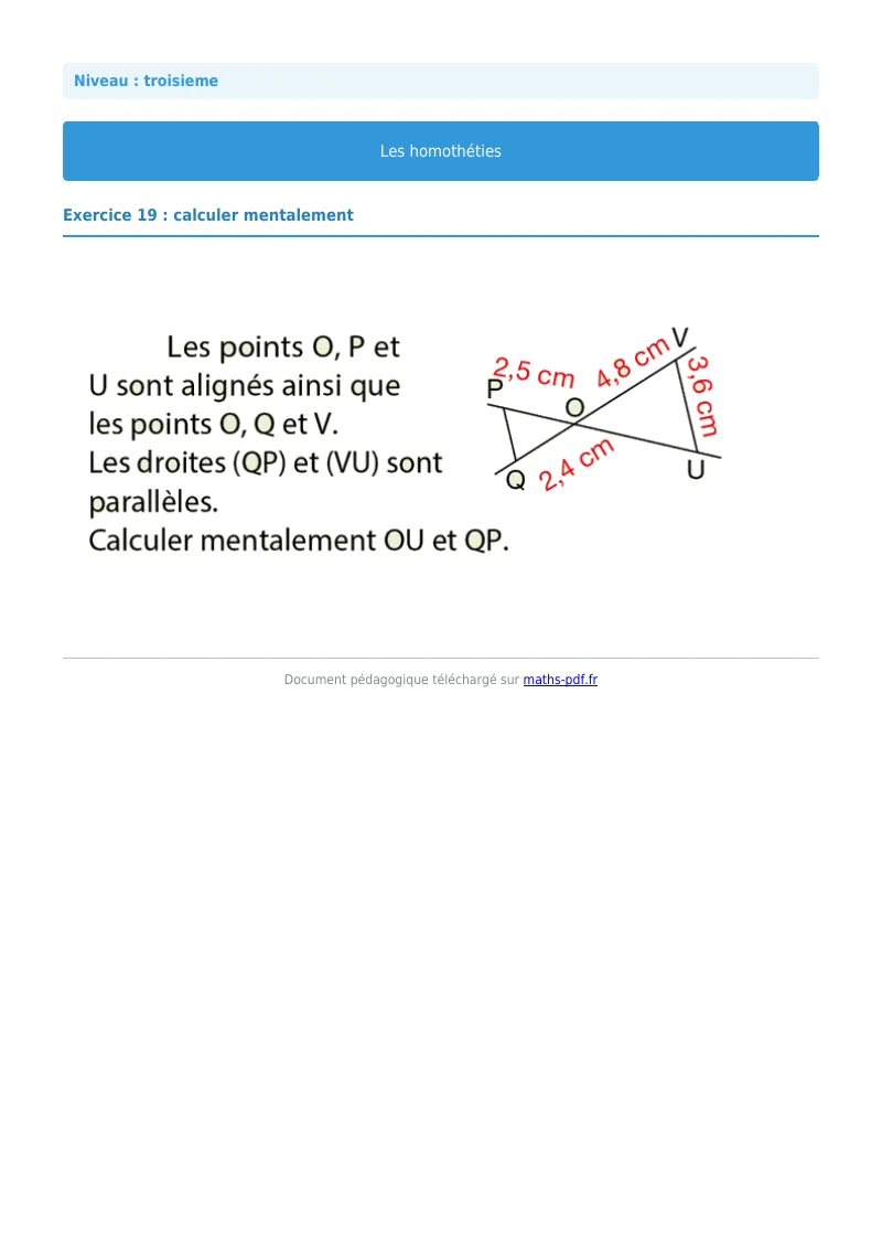 Homothéties : exercice n°19 de maths en 3ème corrigé en PDF