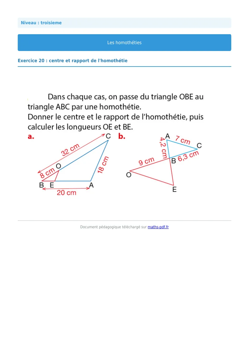 Homothéties : exercice n°20 de maths en 3ème corrigé en PDF