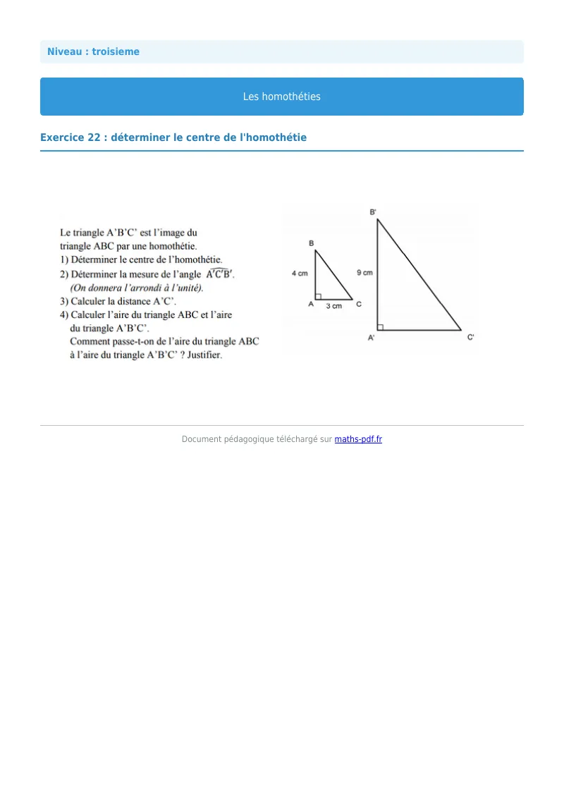 Homothéties : exercice n°22 de maths en 3ème corrigé en PDF