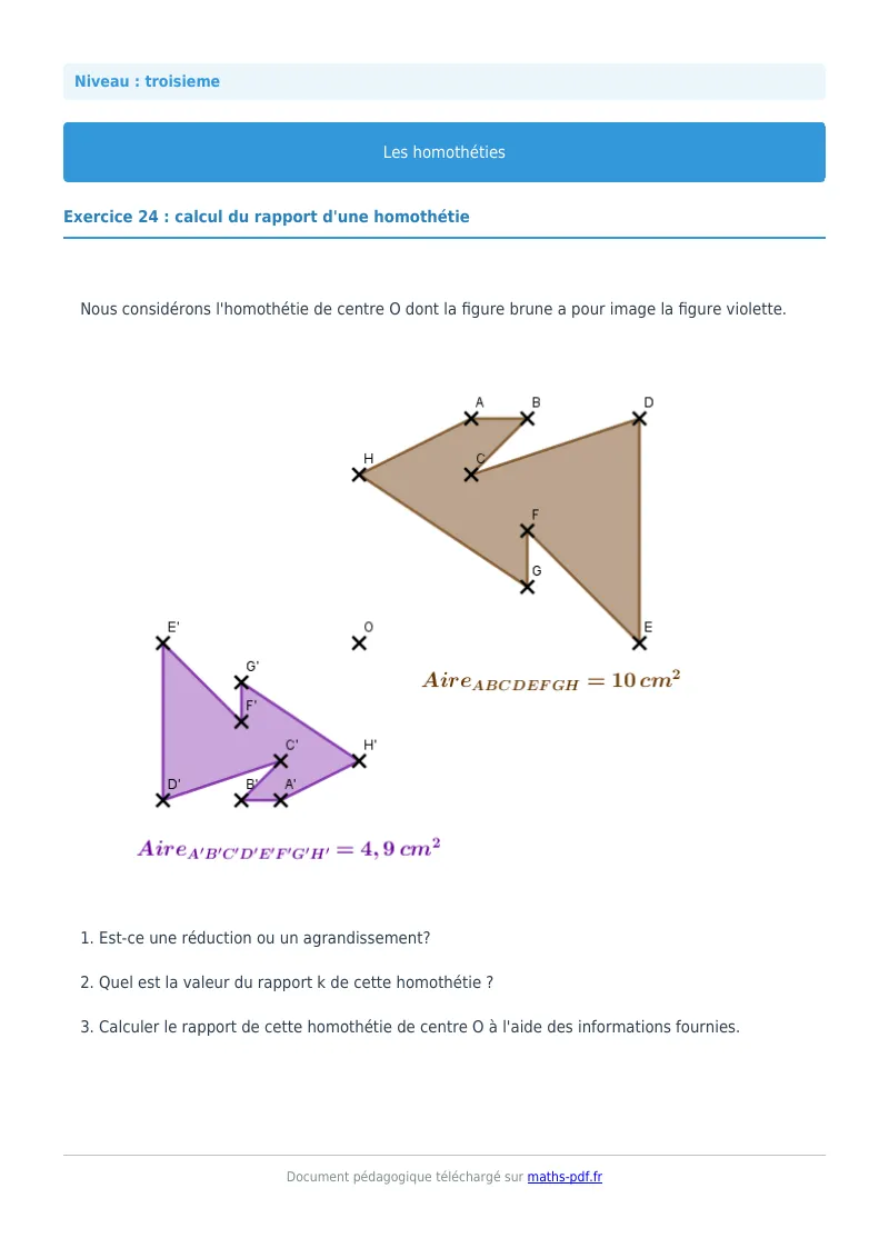 Homothéties : exercice n°24 de maths en 3ème corrigé en PDF
