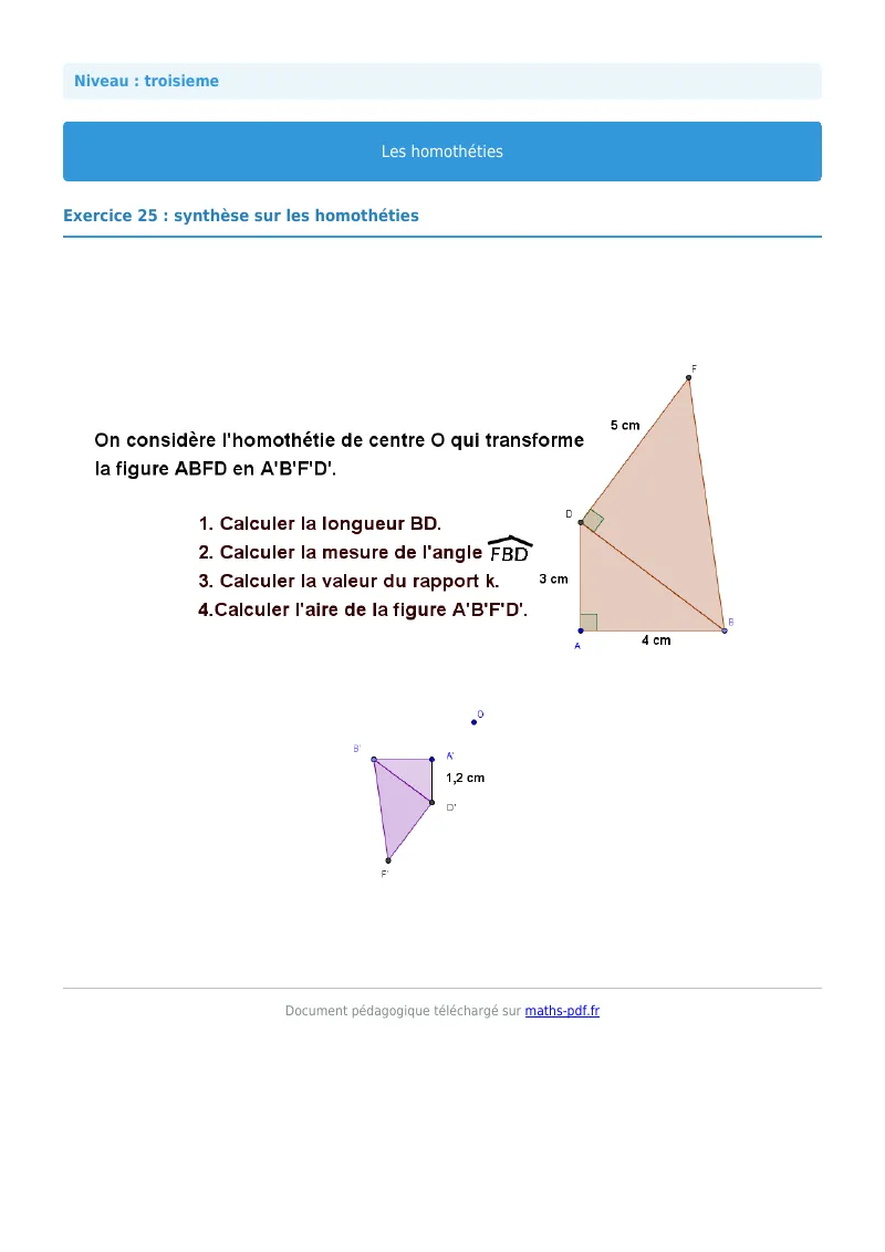 Homothéties : exercice n°25 de maths en 3ème corrigé en PDF