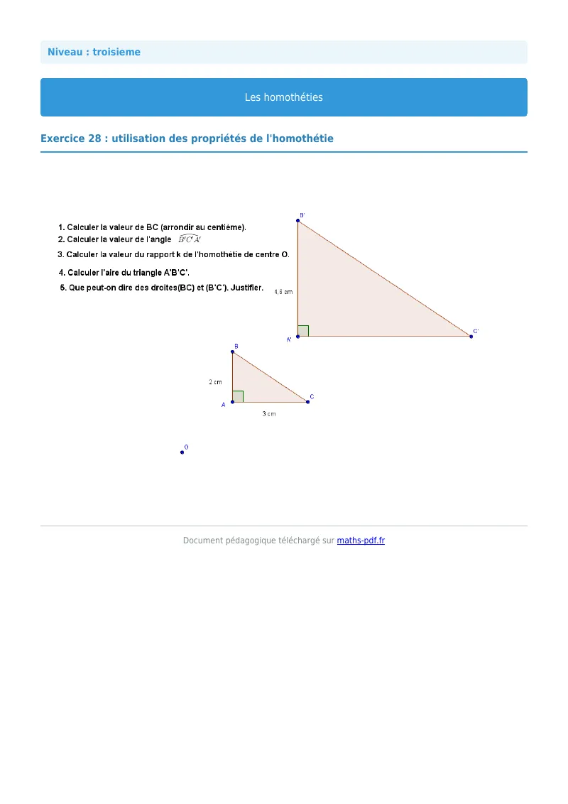 Homothéties : exercice n°28 de maths en 3ème corrigé en PDF