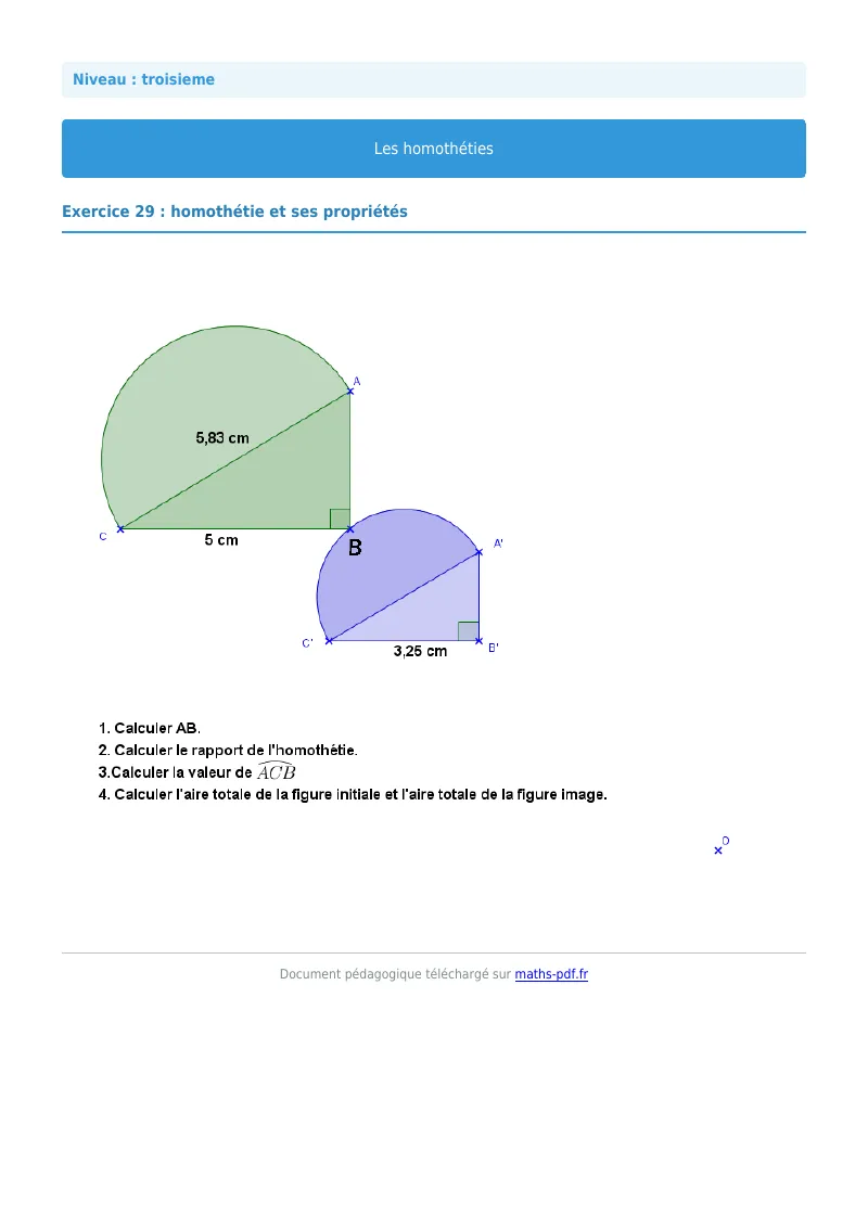 Homothéties : exercice n°29 de maths en 3ème corrigé en PDF