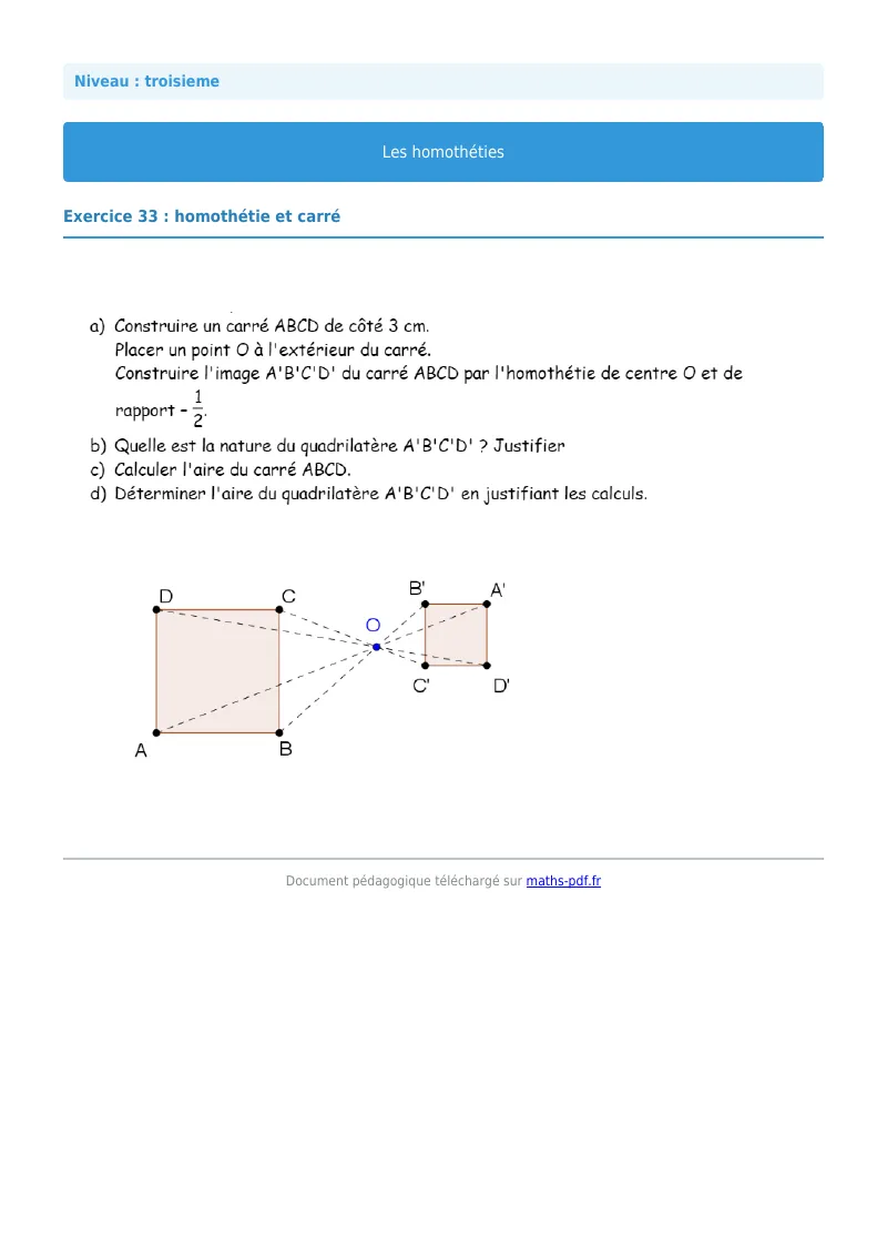 Homothéties : exercice n°33 de maths en 3ème corrigé en PDF