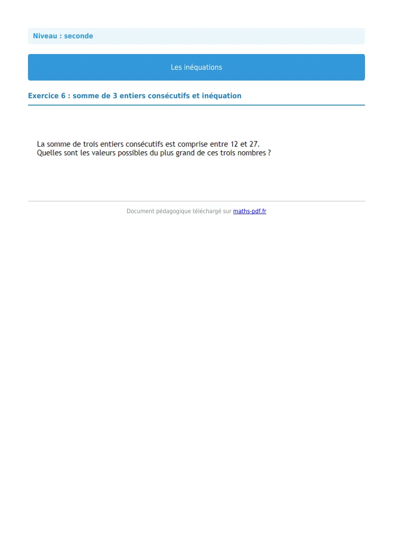 Inéquations : exercice n°6 de maths en seconde corrigé en PDF