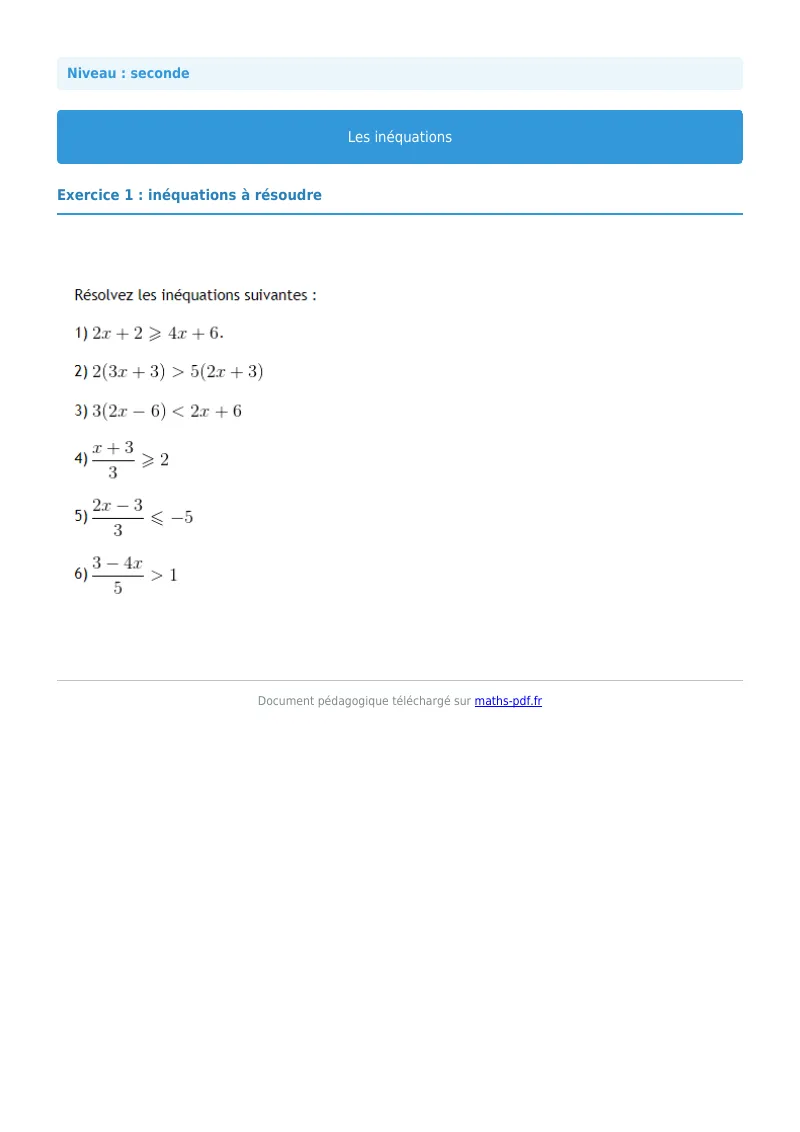 Inéquations : exercice n°1 de maths en seconde corrigé en PDF