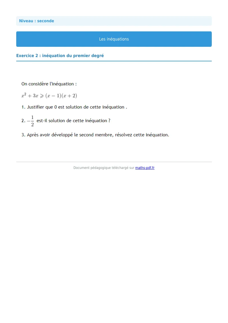 Inéquations : exercice n°2 de maths en seconde corrigé en PDF