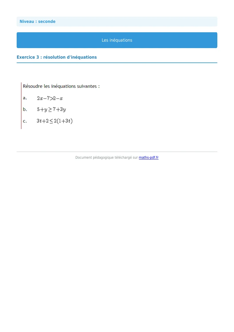 Inéquations : exercice n°3 de maths en seconde corrigé en PDF