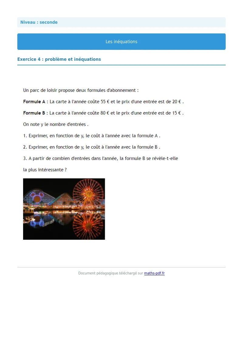 Inéquations : exercice n°4 de maths en seconde corrigé en PDF
