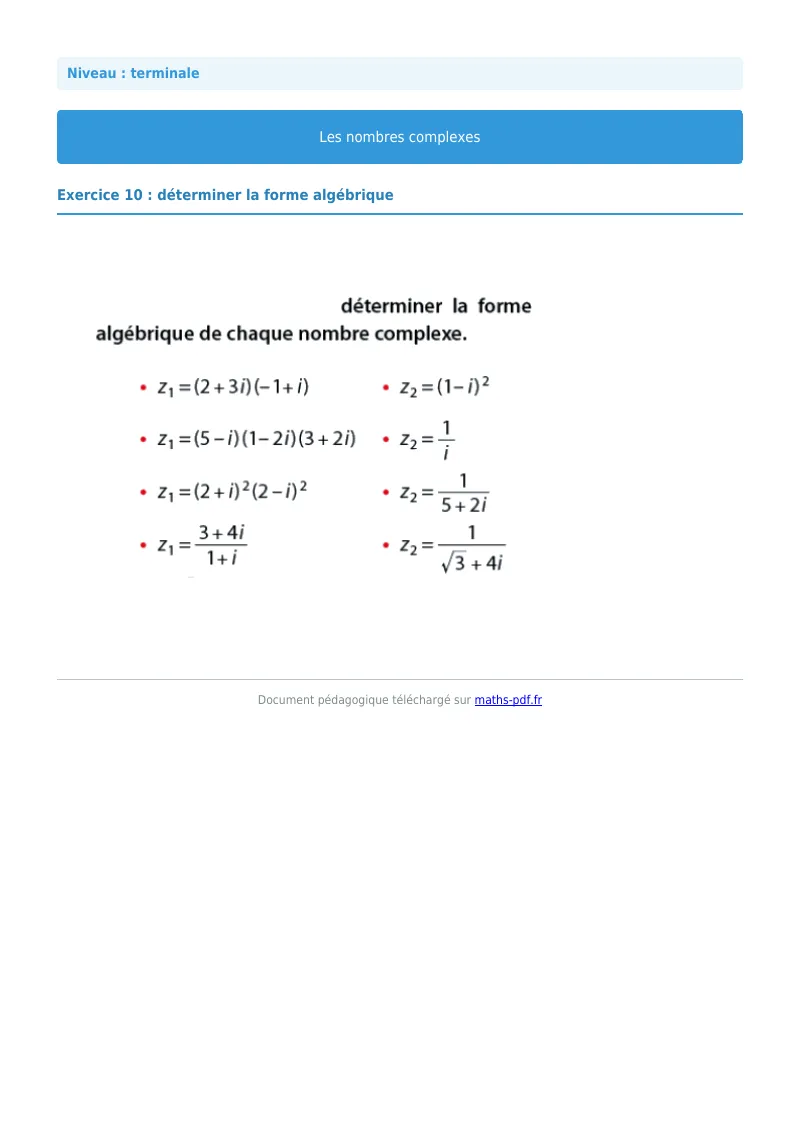 Nombres complexes : exercice n°10 de maths en terminale corrigé en PDF