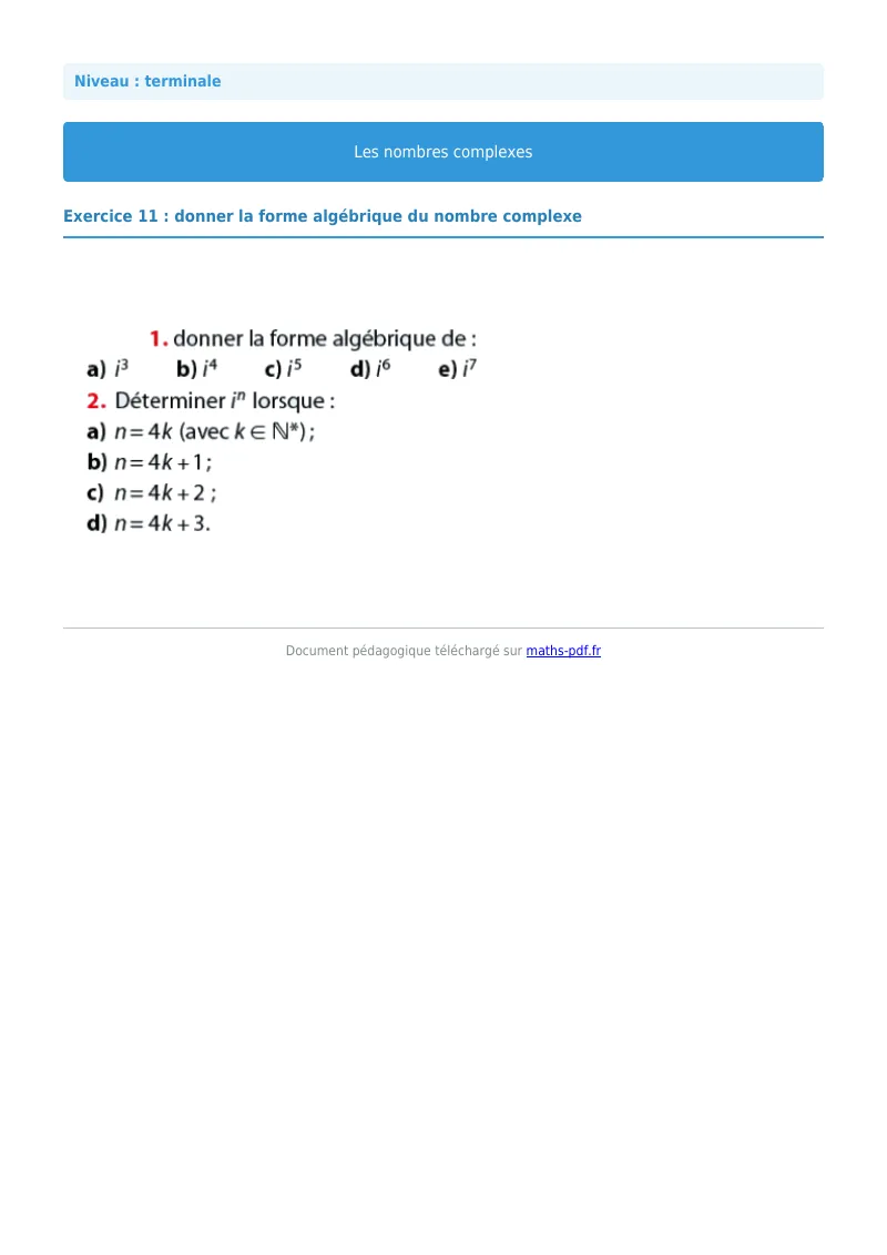 Nombres complexes : exercice n°11 de maths en terminale corrigé en PDF
