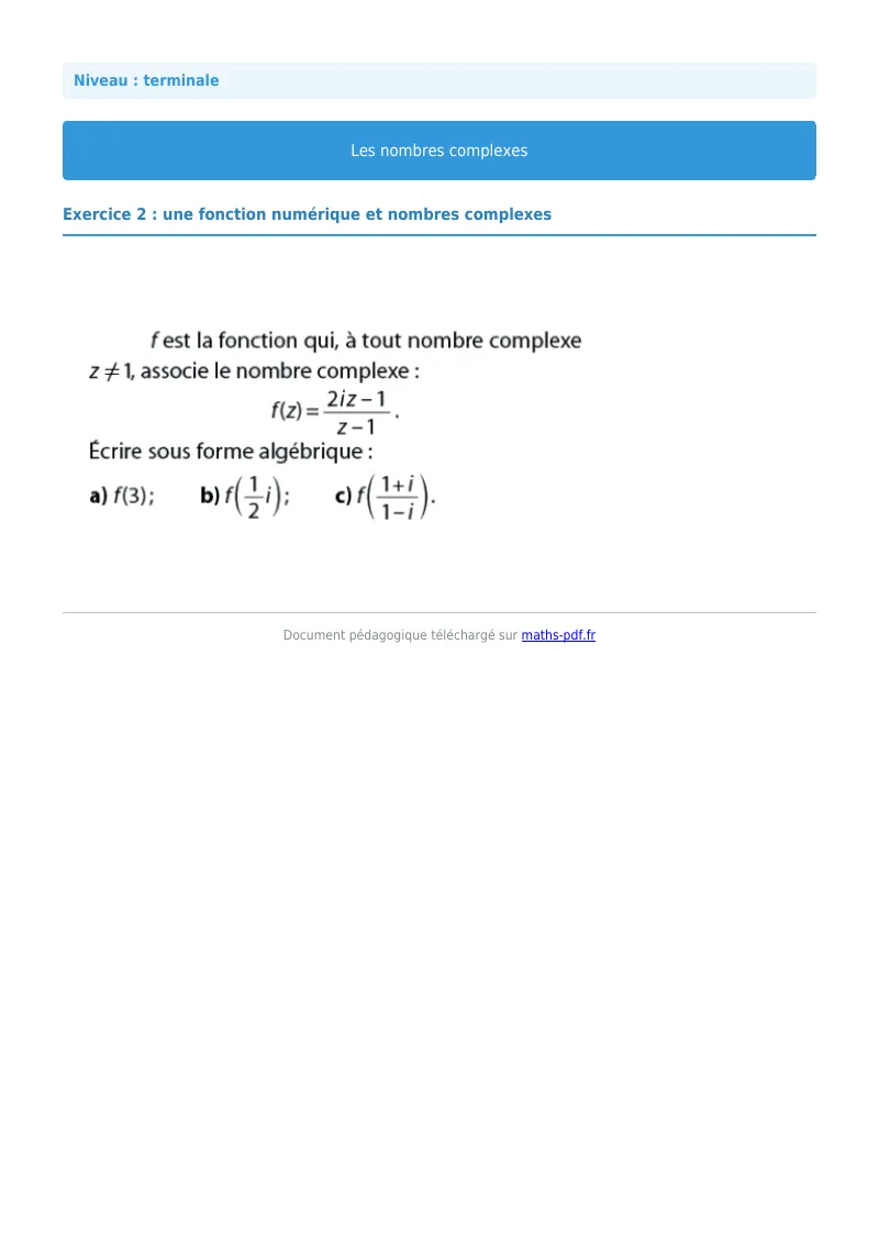 Nombres complexes : exercice n°2 de maths en terminale corrigé en PDF
