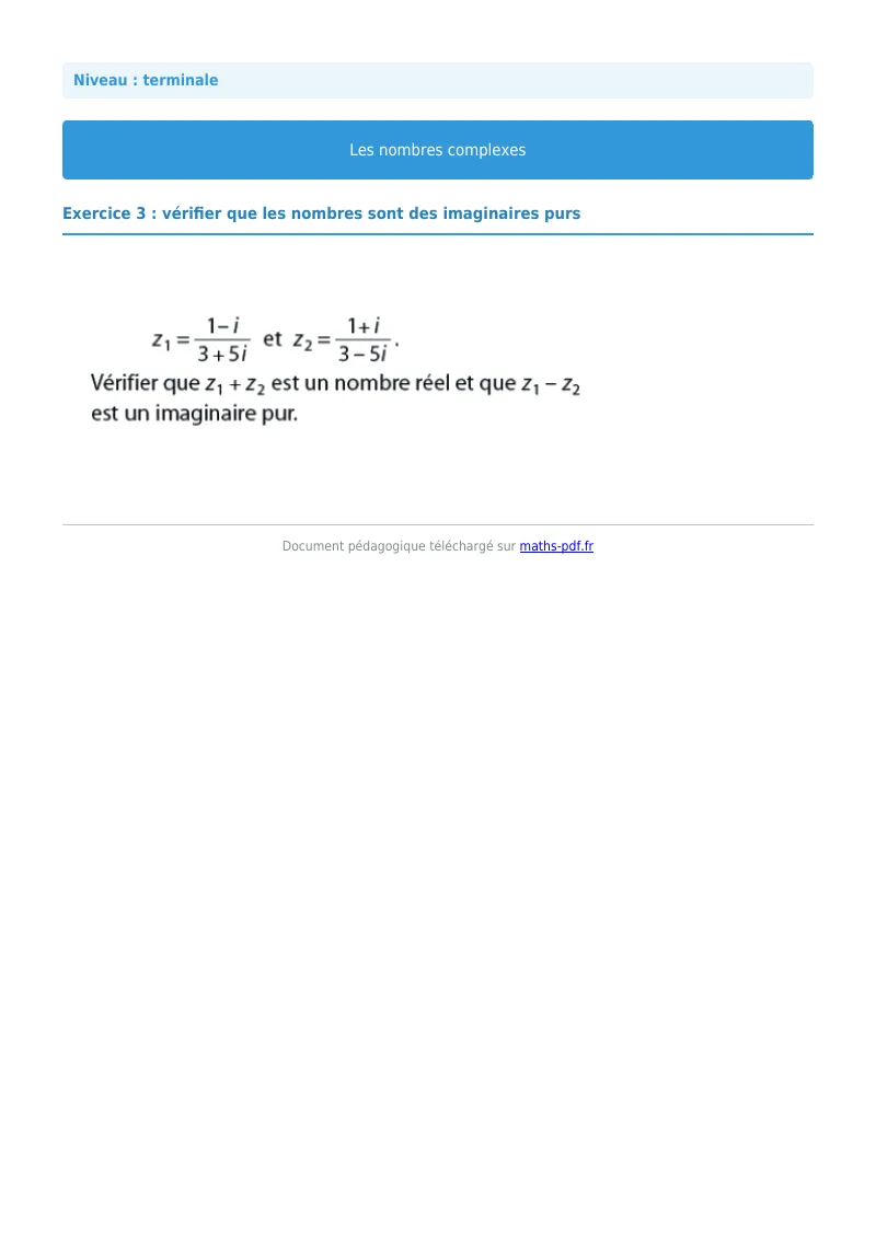 Nombres complexes : exercice n°3 de maths en terminale corrigé en PDF