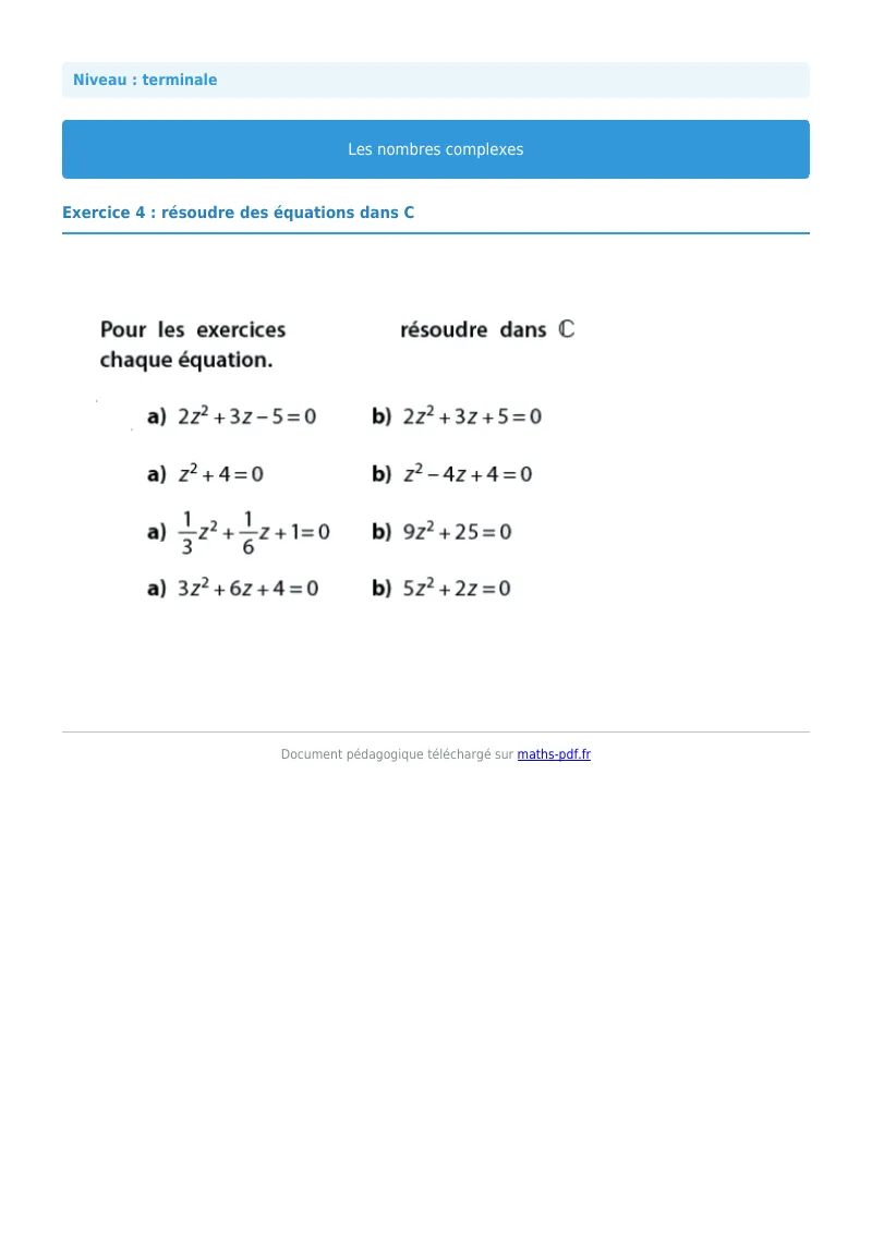 Nombres complexes : exercice n°4 de maths en terminale corrigé en PDF