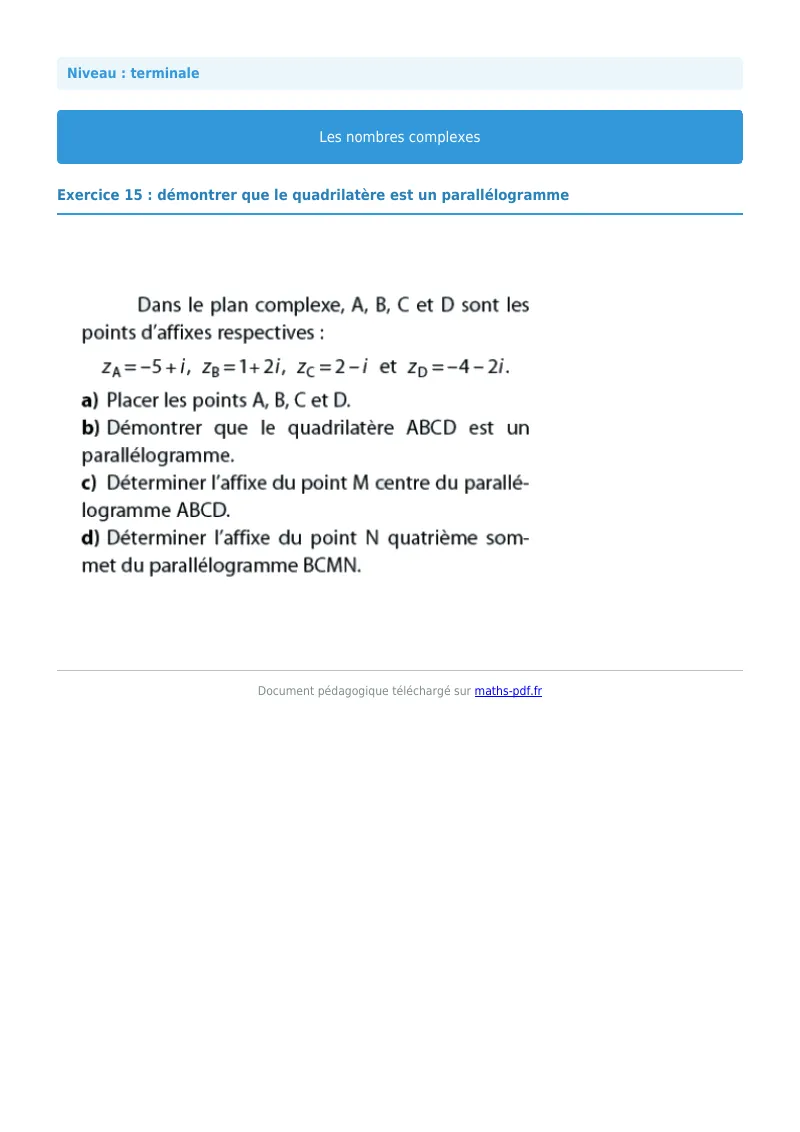 Nombres complexes : exercice n°15 de maths en terminale corrigé en PDF