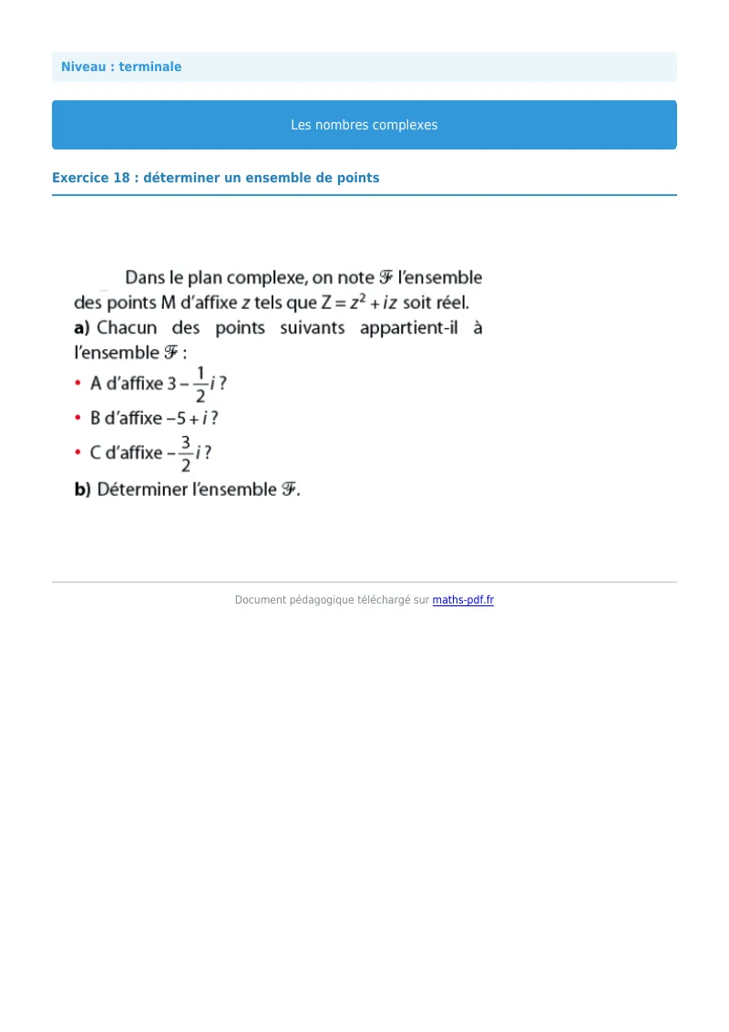 Nombres complexes : exercice n°18 de maths en terminale corrigé en PDF
