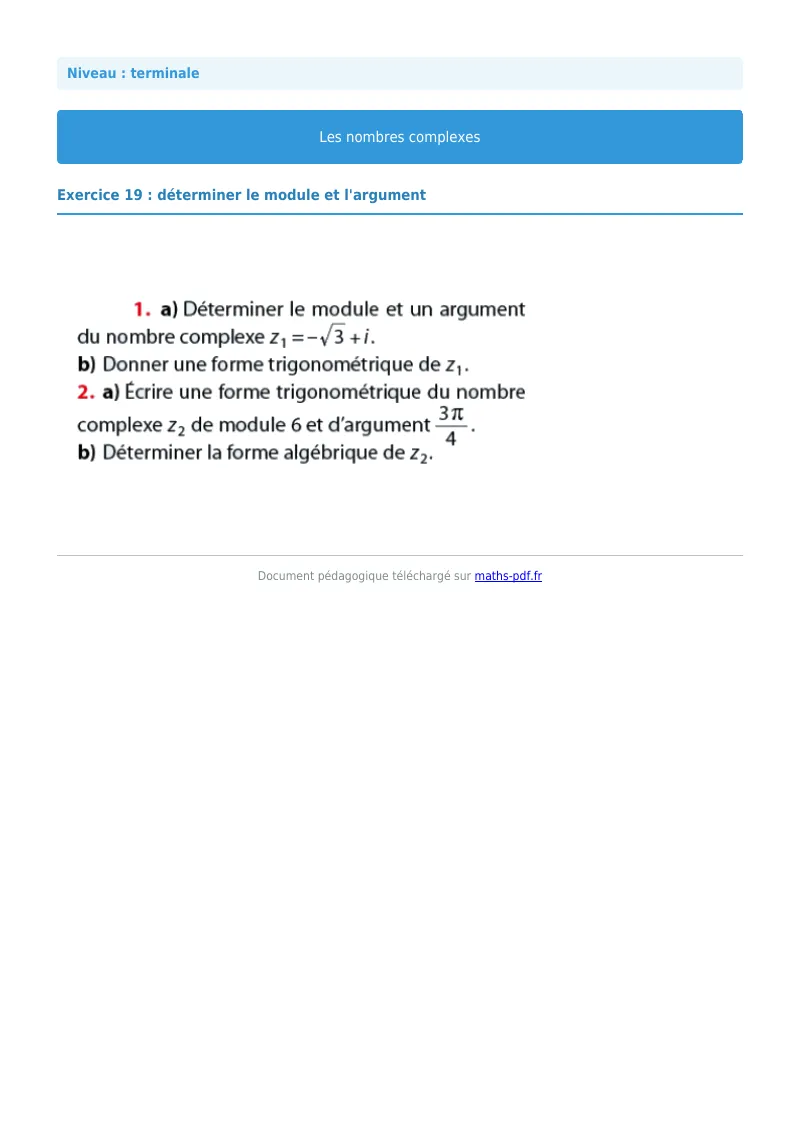 Nombres complexes : exercice n°19 de maths en terminale corrigé en PDF