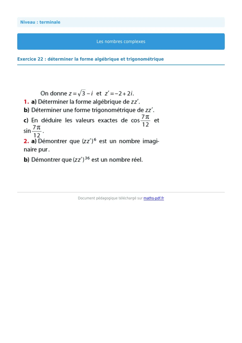 Nombres complexes : exercice n°22 de maths en terminale corrigé en PDF
