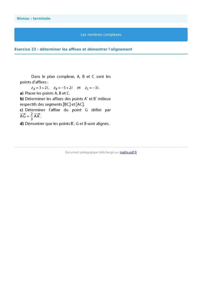 Nombres complexes : exercice n°23 de maths en terminale corrigé en PDF