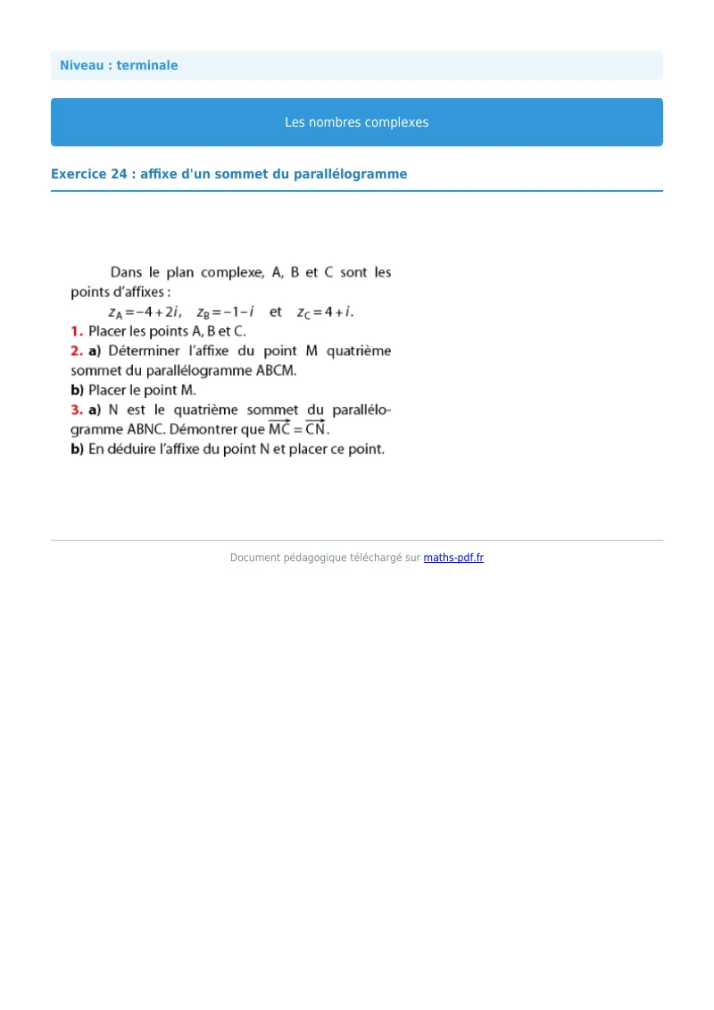 Nombres complexes : exercice n°24 de maths en terminale corrigé en PDF