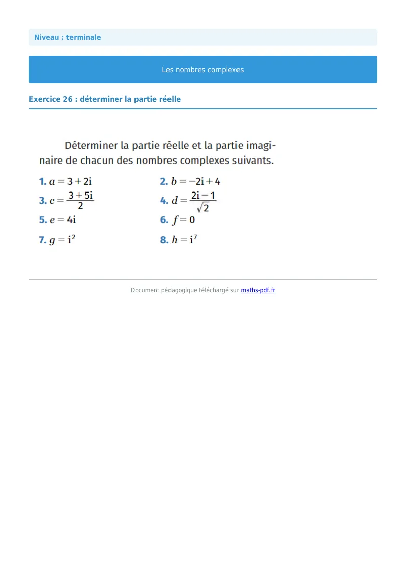 Nombres complexes : exercice n°26 de maths en terminale corrigé en PDF
