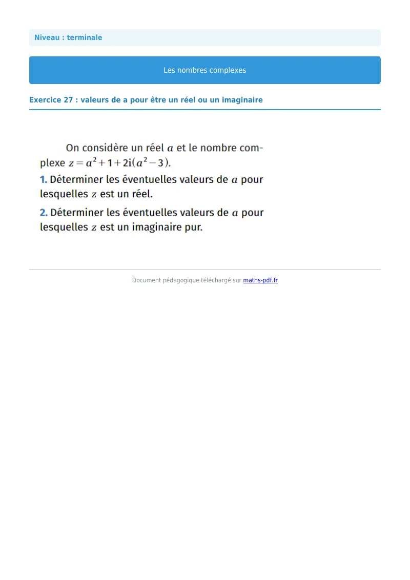 Nombres complexes : exercice n°27 de maths en terminale corrigé en PDF