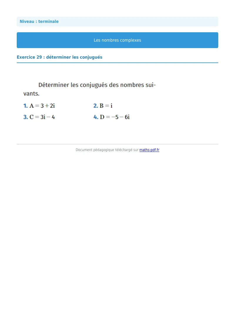 Nombres complexes : exercice n°29 de maths en terminale corrigé en PDF
