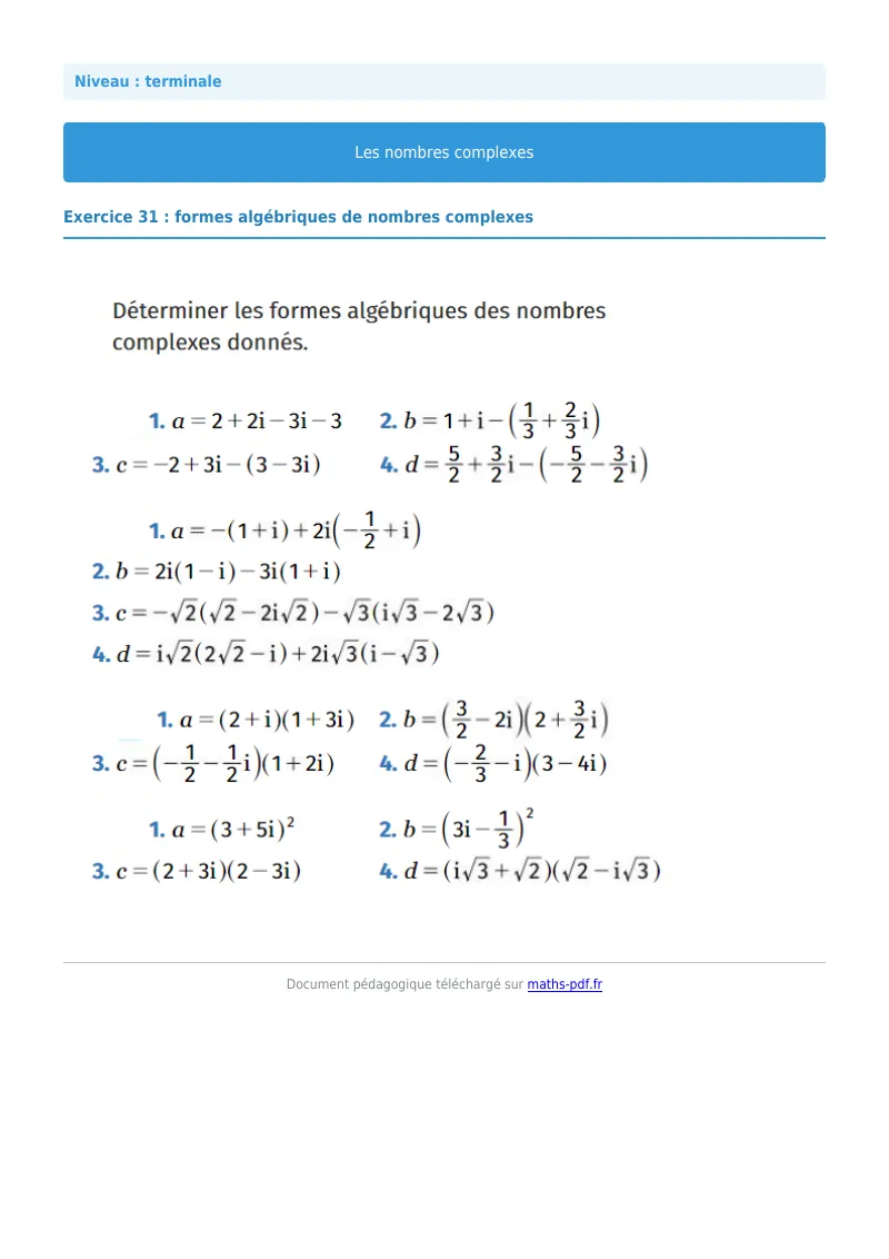 Nombres complexes : exercice n°31 de maths en terminale corrigé en PDF