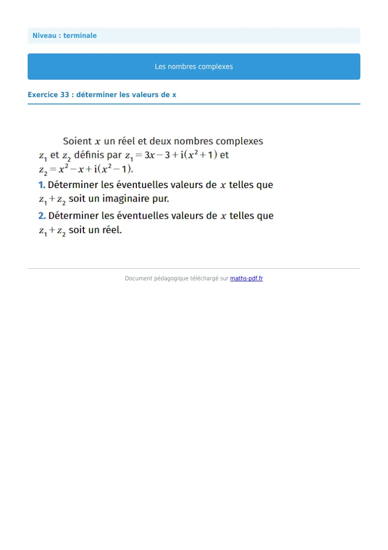 Nombres complexes : exercice n°33 de maths en terminale corrigé en PDF