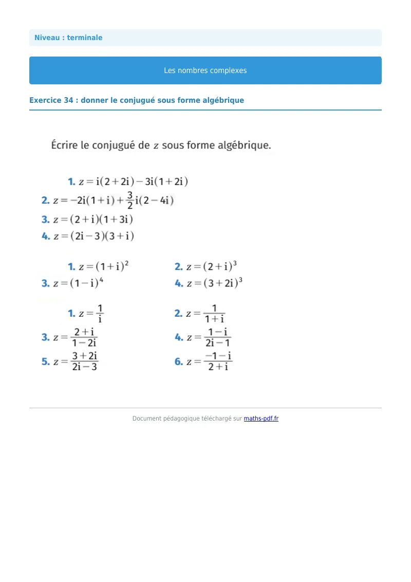 Nombres complexes : exercice n°34 de maths en terminale corrigé en PDF