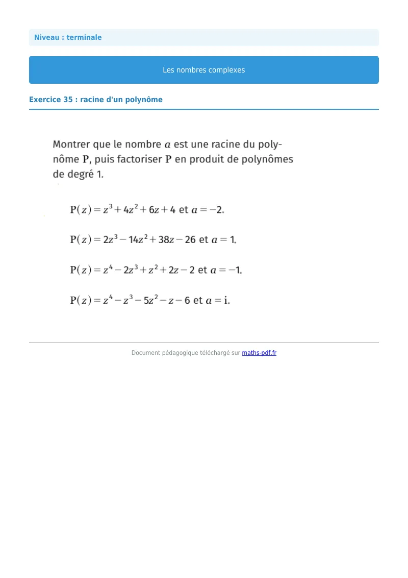 Nombres complexes : exercice n°35 de maths en terminale corrigé en PDF