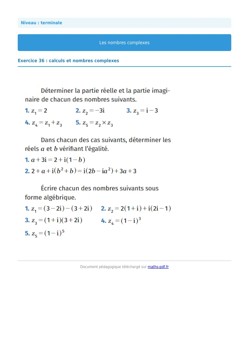 Nombres complexes : exercice n°36 de maths en terminale corrigé en PDF