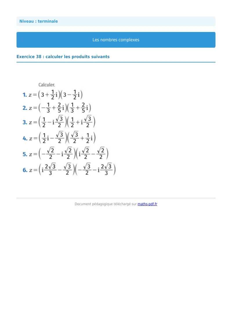 Nombres complexes : exercice n°38 de maths en terminale corrigé en PDF