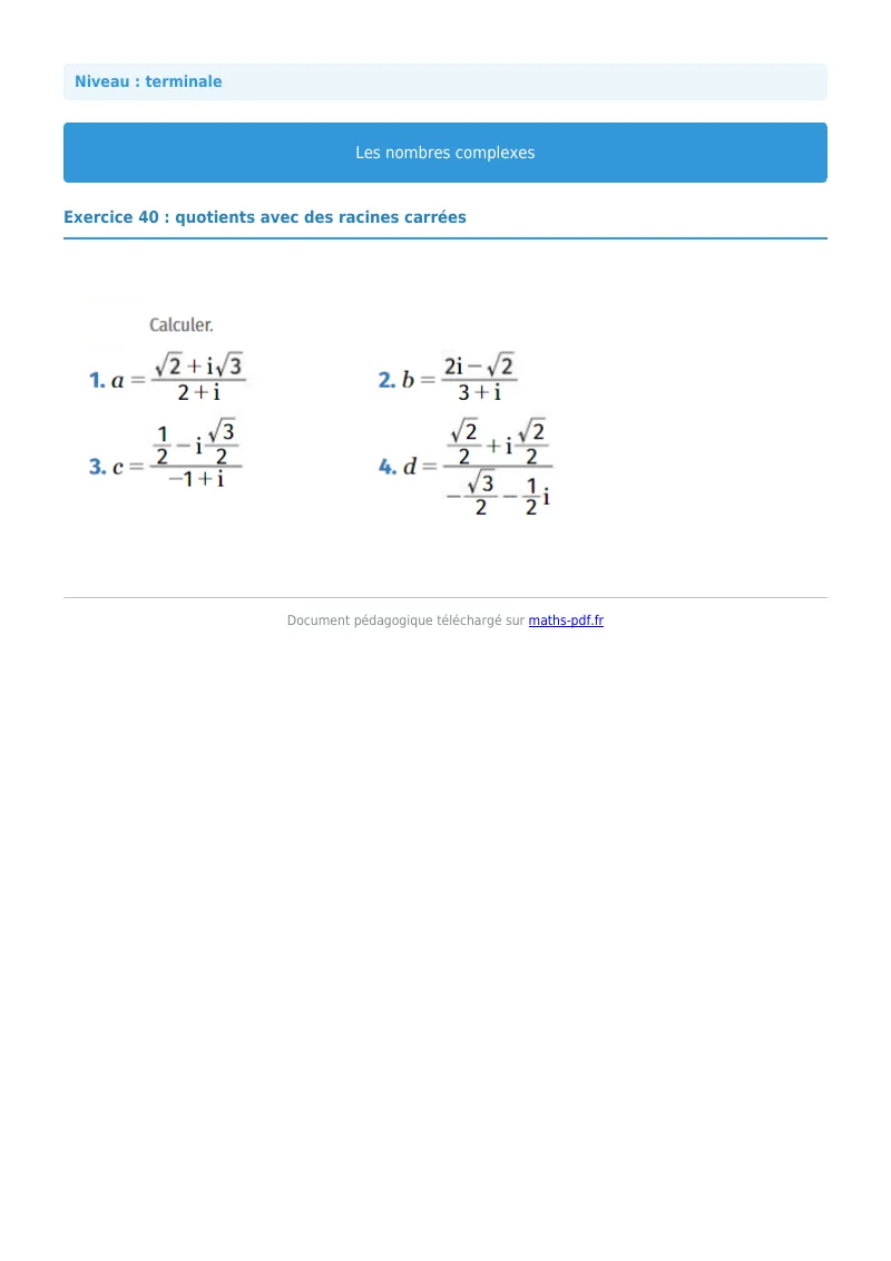 Nombres complexes : exercice n°40 de maths en terminale corrigé en PDF