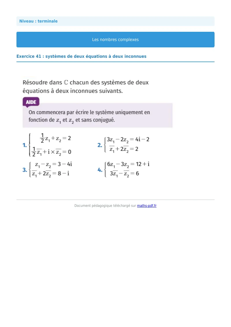 Nombres complexes : exercice n°41 de maths en terminale corrigé en PDF