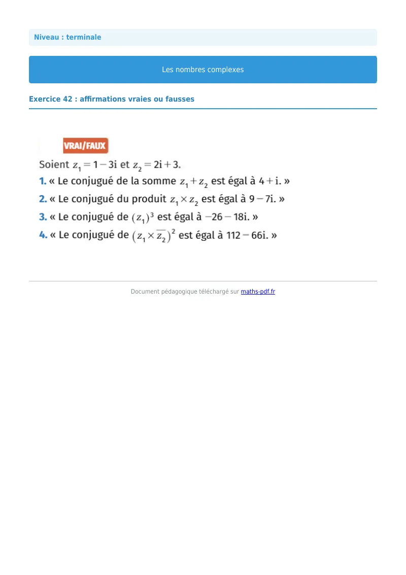 Nombres complexes : exercice n°42 de maths en terminale corrigé en PDF