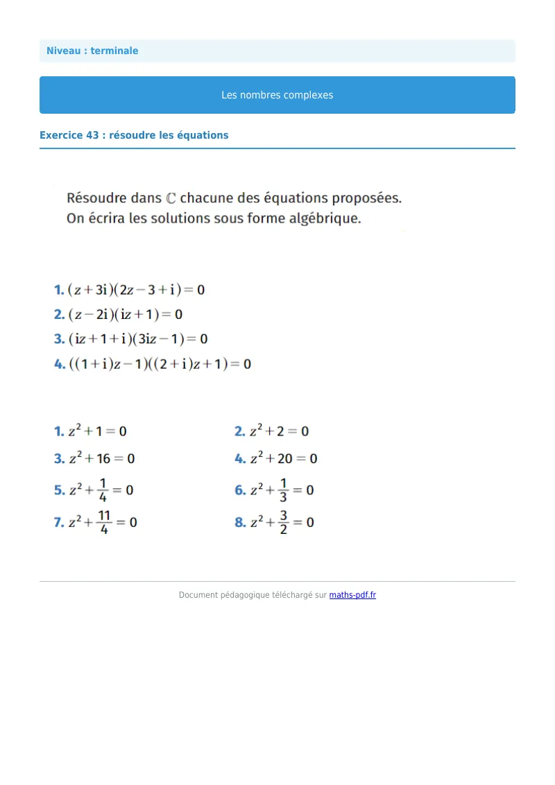 Nombres complexes : exercice n°43 de maths en terminale corrigé en PDF
