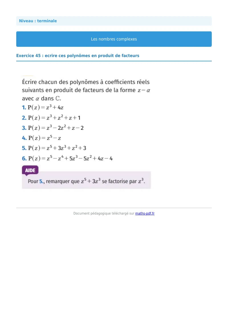 Nombres complexes : exercice n°45 de maths en terminale corrigé en PDF