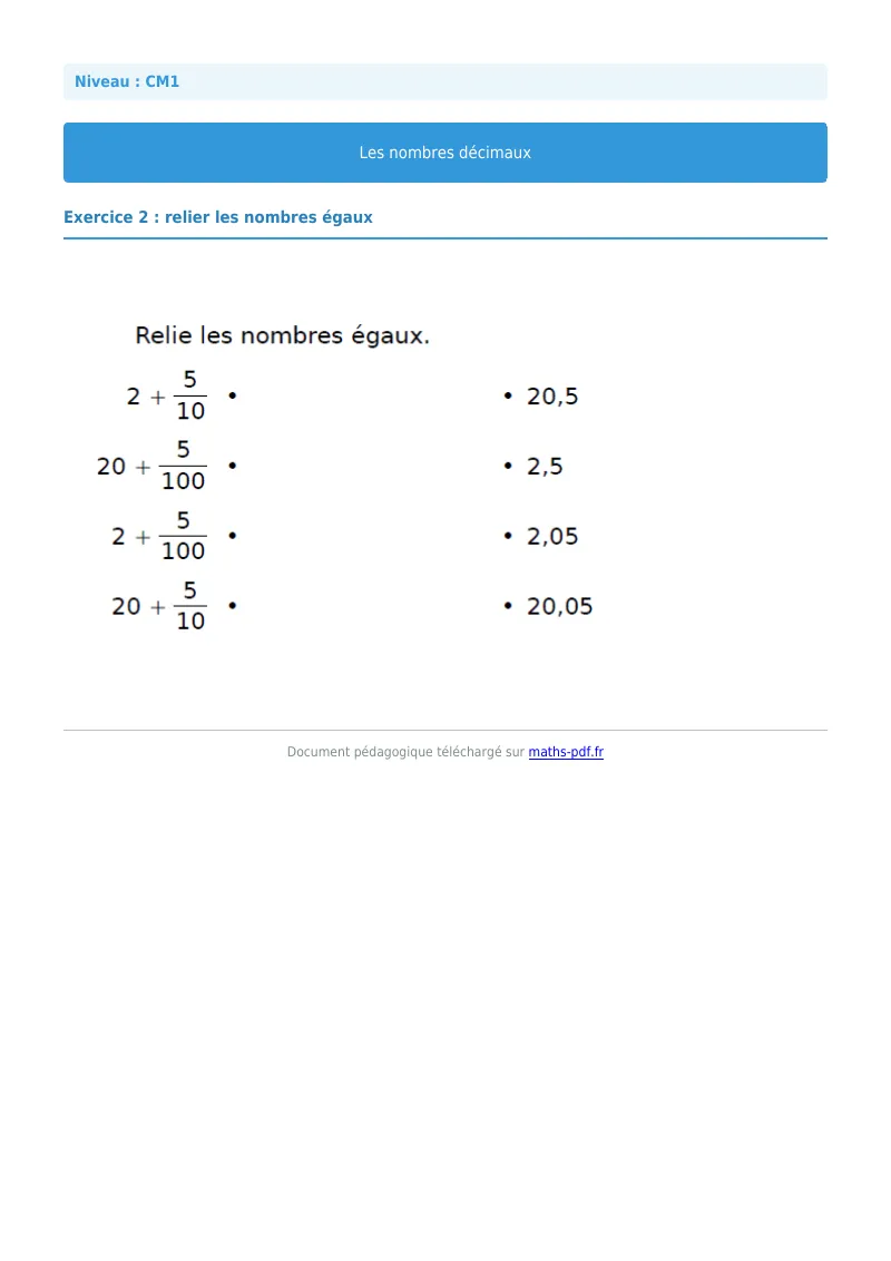 Les nombres décimaux : exercice n°2 de maths en CM1 corrigé en PDF