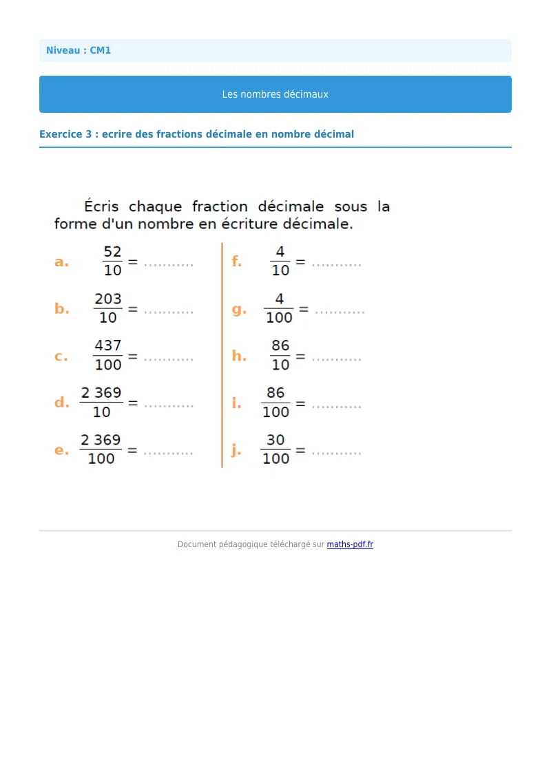 Les nombres décimaux : exercice n°3 de maths en CM1 corrigé en PDF