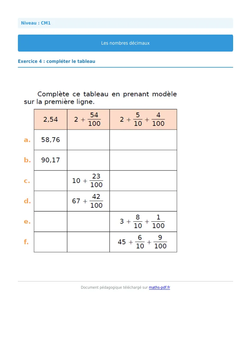 Les nombres décimaux : exercice n°4 de maths en CM1 corrigé en PDF